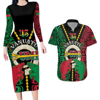 Vanuatu 45th Independence Day Couples Matching Long Sleeve Bodycon Dress and Hawaiian Shirt Long God Yumi Stanap Wild Boar LT05 Black - Polynesian Pride