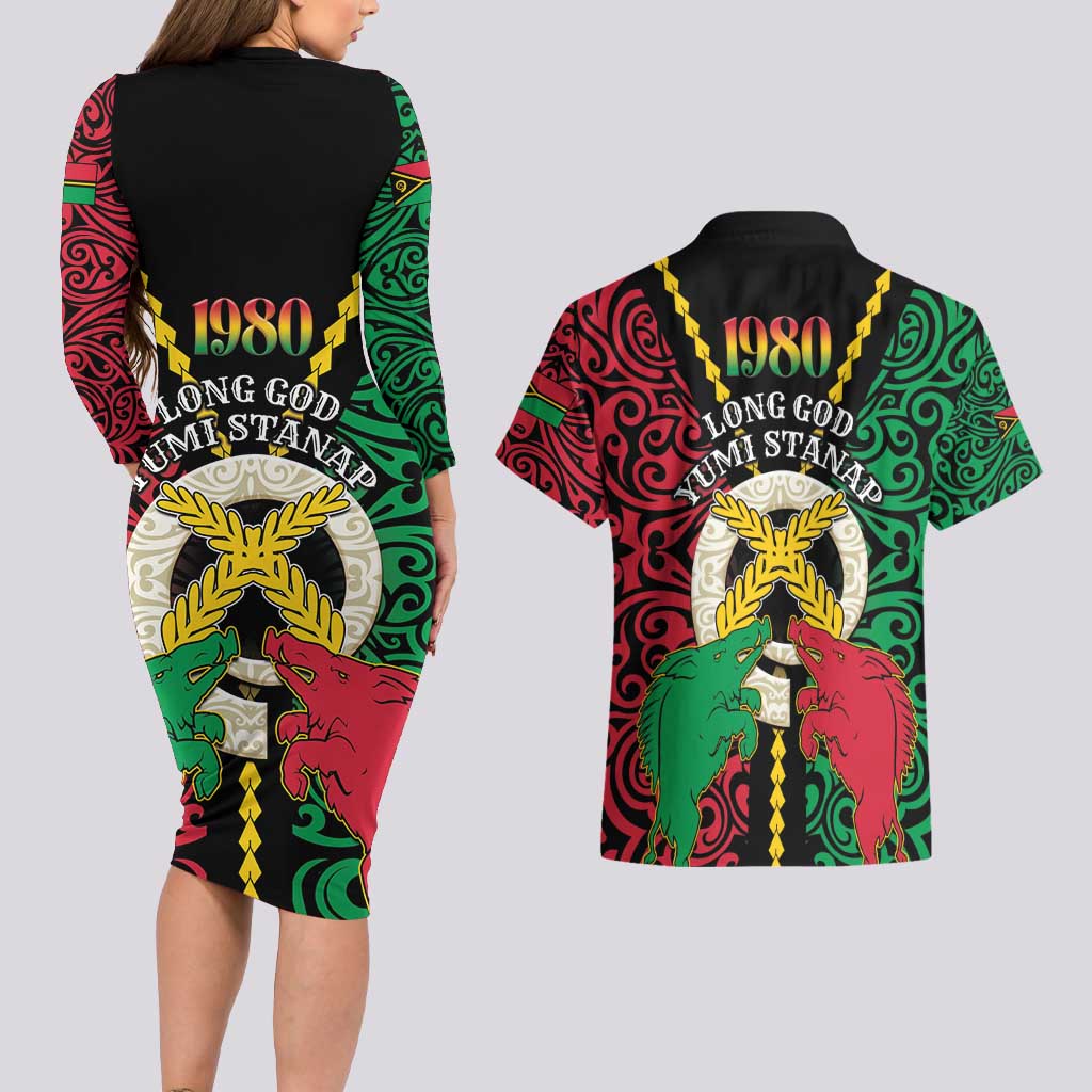 Vanuatu 45th Independence Day Couples Matching Long Sleeve Bodycon Dress and Hawaiian Shirt Long God Yumi Stanap Wild Boar LT05 - Polynesian Pride