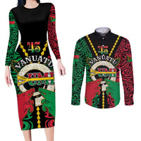 Vanuatu 45th Independence Day Couples Matching Long Sleeve Bodycon Dress and Long Sleeve Button Shirt Long God Yumi Stanap Wild Boar LT05 Black - Polynesian Pride