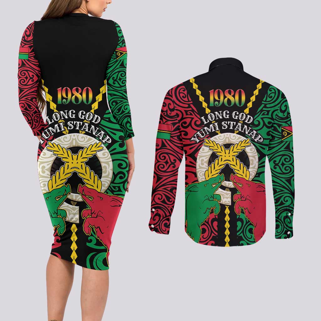 Vanuatu 45th Independence Day Couples Matching Long Sleeve Bodycon Dress and Long Sleeve Button Shirt Long God Yumi Stanap Wild Boar LT05 - Polynesian Pride