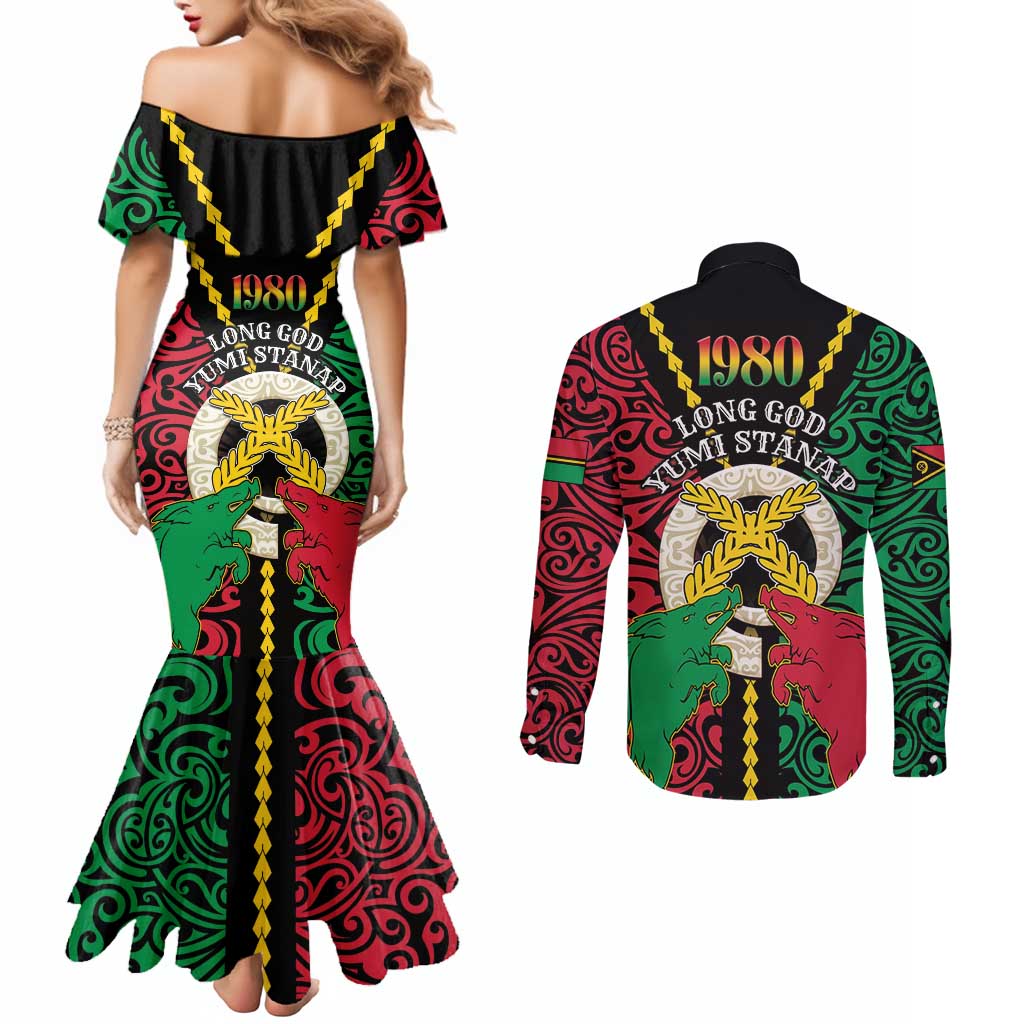 Vanuatu 45th Independence Day Couples Matching Mermaid Dress and Long Sleeve Button Shirt Long God Yumi Stanap Wild Boar LT05 - Polynesian Pride