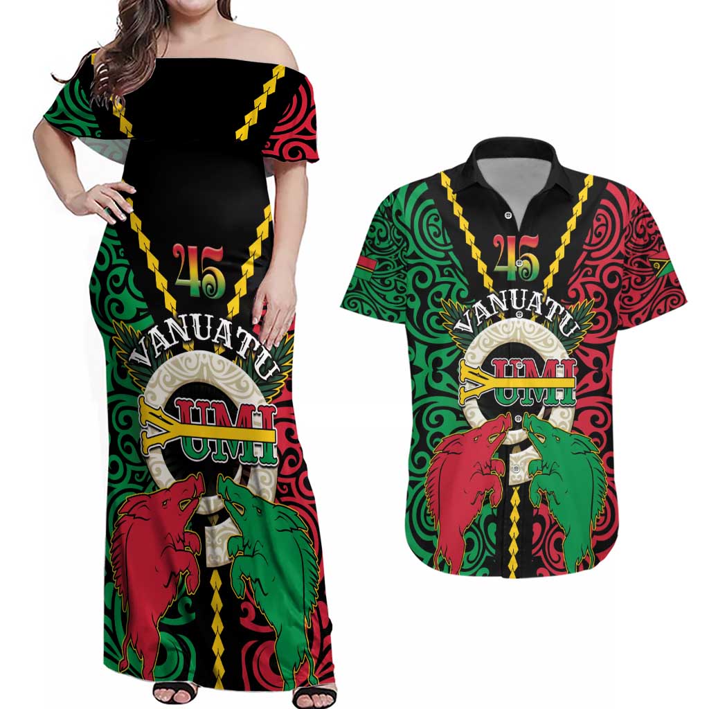 Vanuatu 45th Independence Day Couples Matching Off Shoulder Maxi Dress and Hawaiian Shirt Long God Yumi Stanap Wild Boar LT05 Black - Polynesian Pride
