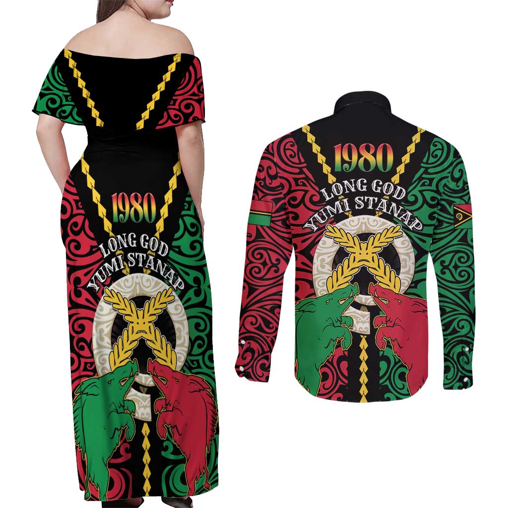 Vanuatu 45th Independence Day Couples Matching Off Shoulder Maxi Dress and Long Sleeve Button Shirt Long God Yumi Stanap Wild Boar LT05 - Polynesian Pride