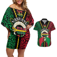 Vanuatu 45th Independence Day Couples Matching Off Shoulder Short Dress and Hawaiian Shirt Long God Yumi Stanap Wild Boar LT05 Black - Polynesian Pride