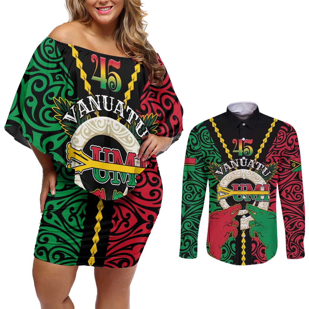 Vanuatu 45th Independence Day Couples Matching Off Shoulder Short Dress and Long Sleeve Button Shirt Long God Yumi Stanap Wild Boar LT05 Black - Polynesian Pride
