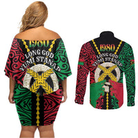 Vanuatu 45th Independence Day Couples Matching Off Shoulder Short Dress and Long Sleeve Button Shirt Long God Yumi Stanap Wild Boar LT05 - Polynesian Pride