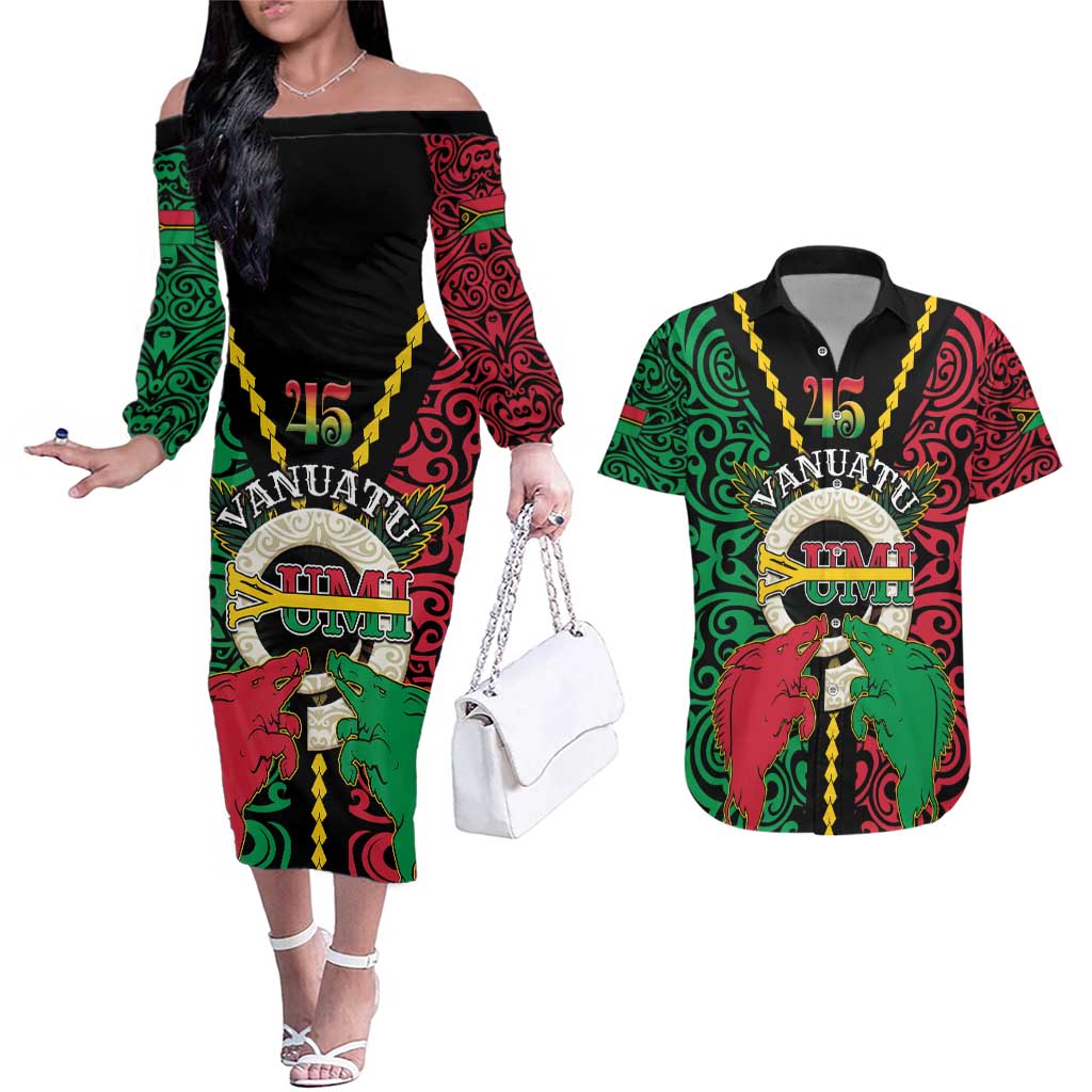 Vanuatu 45th Independence Day Couples Matching Off The Shoulder Long Sleeve Dress and Hawaiian Shirt Long God Yumi Stanap Wild Boar LT05 Black - Polynesian Pride