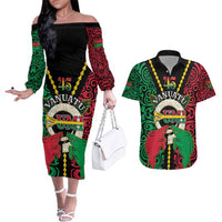 Vanuatu 45th Independence Day Couples Matching Off The Shoulder Long Sleeve Dress and Hawaiian Shirt Long God Yumi Stanap Wild Boar LT05 Black - Polynesian Pride