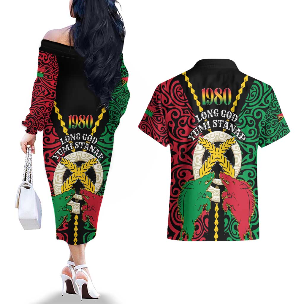 Vanuatu 45th Independence Day Couples Matching Off The Shoulder Long Sleeve Dress and Hawaiian Shirt Long God Yumi Stanap Wild Boar LT05 - Polynesian Pride