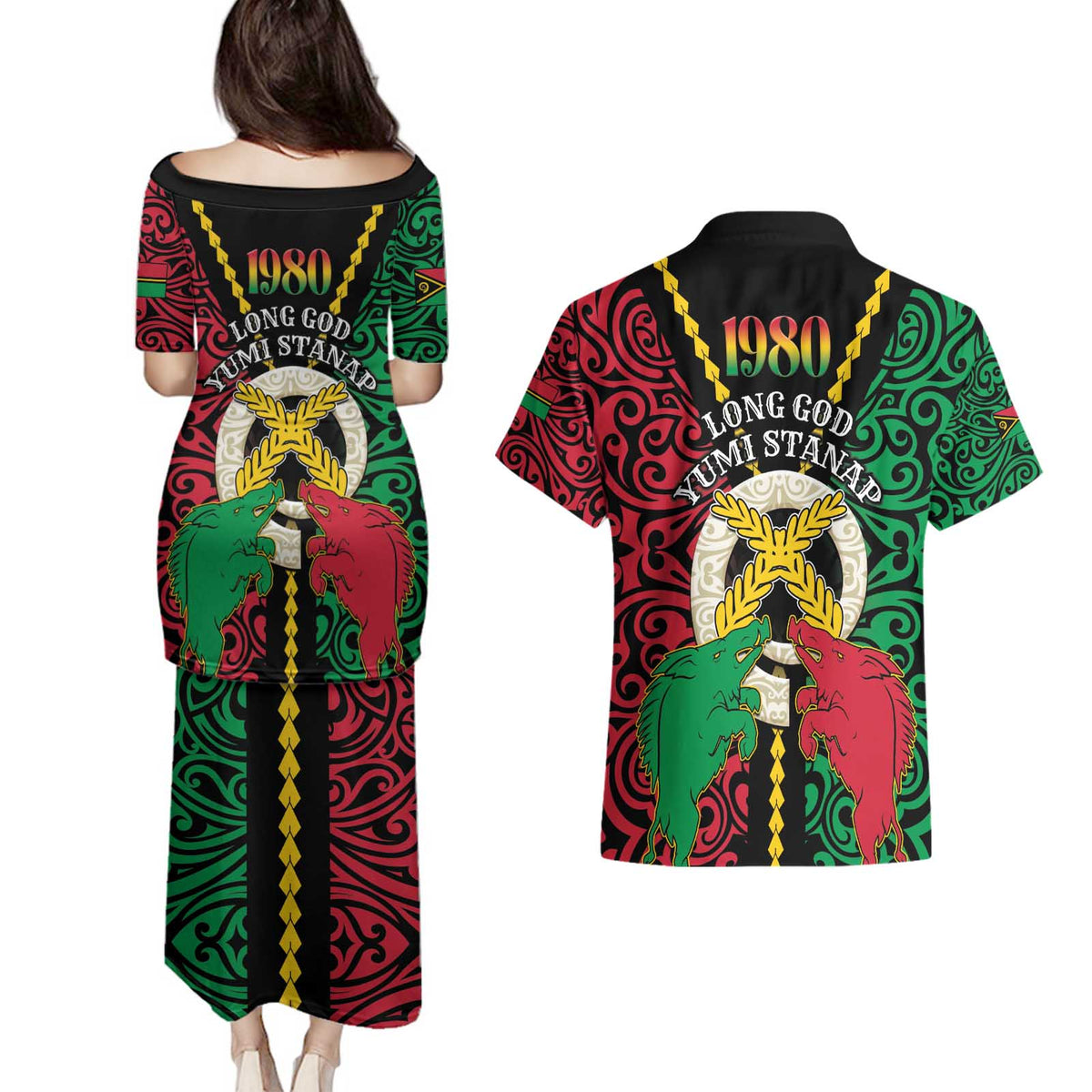 Vanuatu 45th Independence Day Couples Matching Puletasi and Hawaiian Shirt Long God Yumi Stanap Wild Boar LT05 - Polynesian Pride