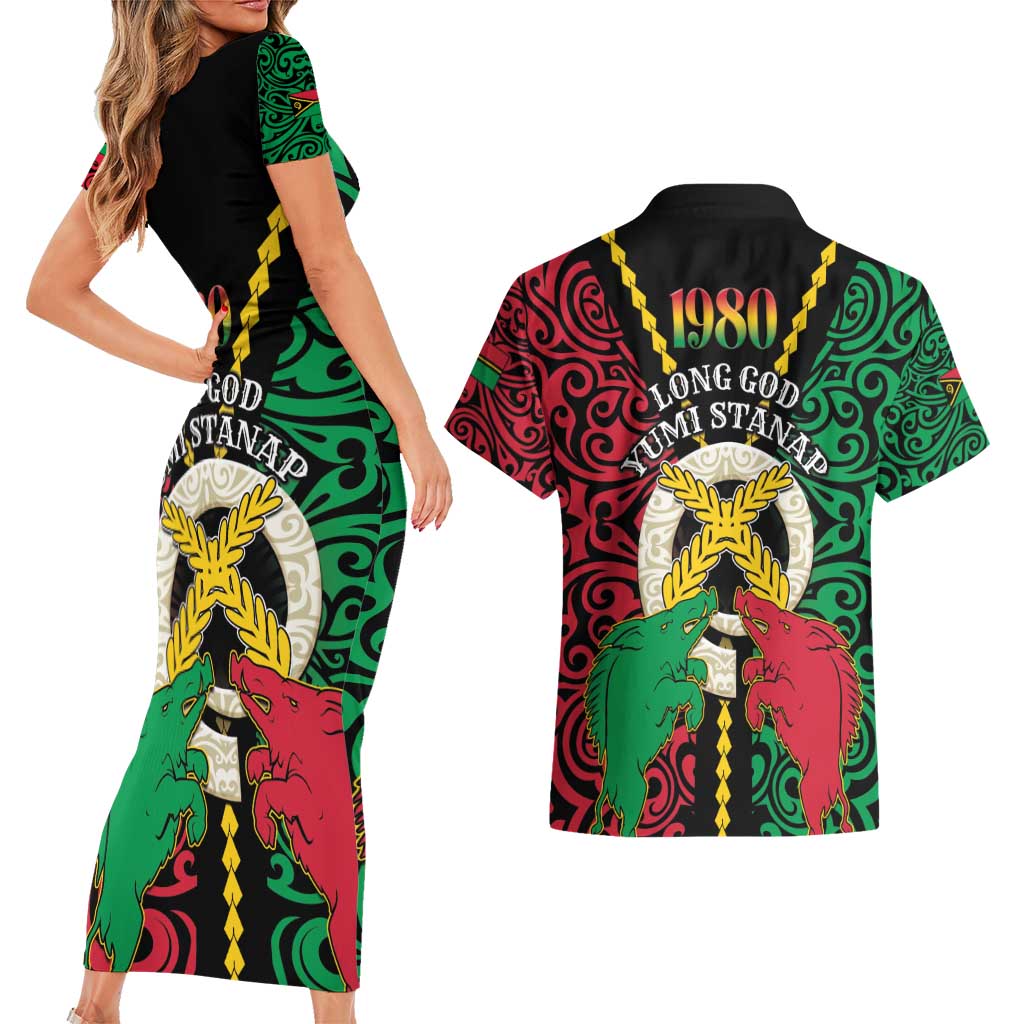 Vanuatu 45th Independence Day Couples Matching Short Sleeve Bodycon Dress and Hawaiian Shirt Long God Yumi Stanap Wild Boar LT05 - Polynesian Pride