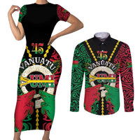 Vanuatu 45th Independence Day Couples Matching Short Sleeve Bodycon Dress and Long Sleeve Button Shirt Long God Yumi Stanap Wild Boar LT05 Black - Polynesian Pride