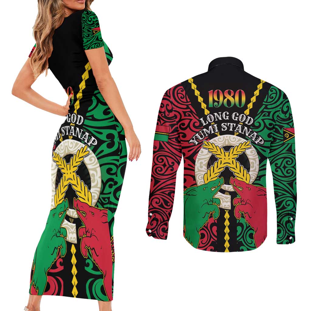 Vanuatu 45th Independence Day Couples Matching Short Sleeve Bodycon Dress and Long Sleeve Button Shirt Long God Yumi Stanap Wild Boar LT05 - Polynesian Pride