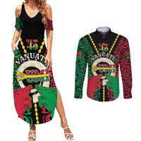 Vanuatu 45th Independence Day Couples Matching Summer Maxi Dress and Long Sleeve Button Shirt Long God Yumi Stanap Wild Boar LT05 Black - Polynesian Pride
