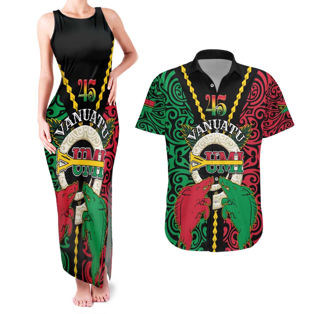 Vanuatu 45th Independence Day Couples Matching Tank Maxi Dress and Hawaiian Shirt Long God Yumi Stanap Wild Boar LT05 Black - Polynesian Pride
