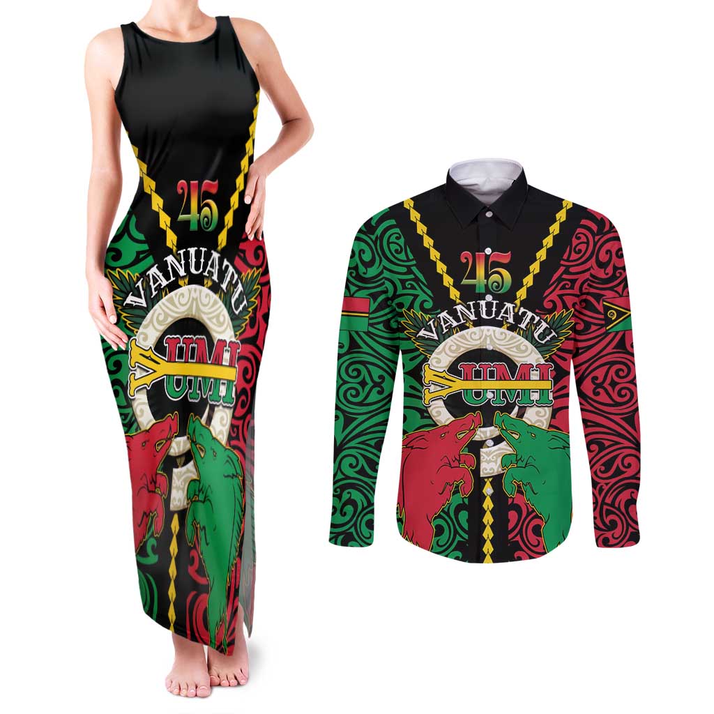 Vanuatu 45th Independence Day Couples Matching Tank Maxi Dress and Long Sleeve Button Shirt Long God Yumi Stanap Wild Boar LT05 Black - Polynesian Pride
