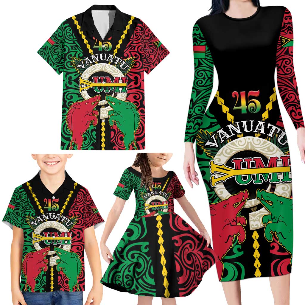 Vanuatu 45th Independence Day Family Matching Long Sleeve Bodycon Dress and Hawaiian Shirt Long God Yumi Stanap Wild Boar LT05 - Polynesian Pride