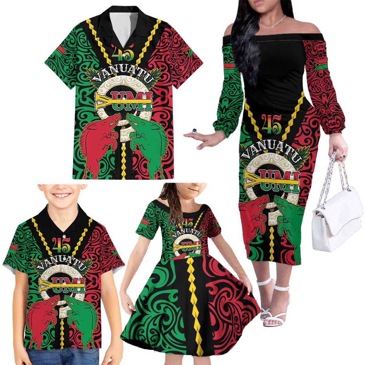 Vanuatu 45th Independence Day Family Matching Off The Shoulder Long Sleeve Dress and Hawaiian Shirt Long God Yumi Stanap Wild Boar LT05 - Polynesian Pride