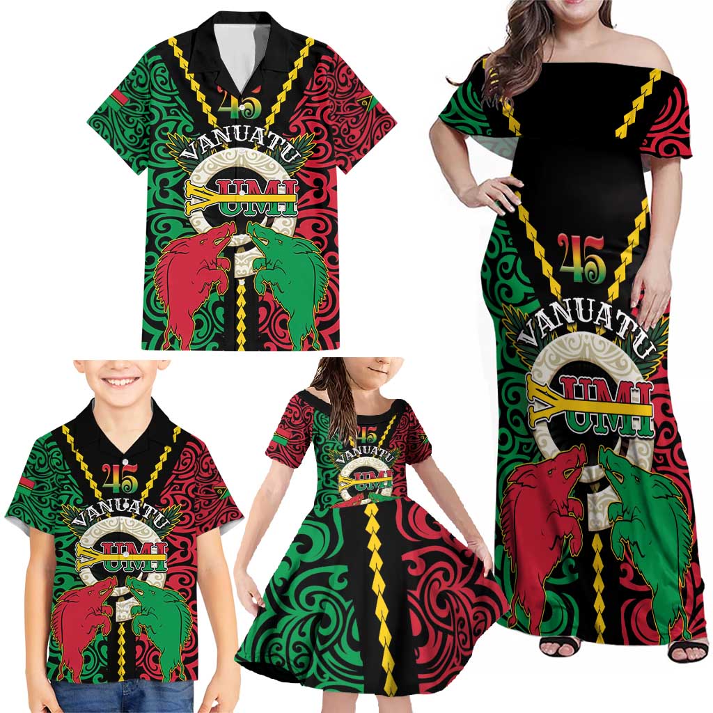 Vanuatu 45th Independence Day Family Matching Off Shoulder Maxi Dress and Hawaiian Shirt Long God Yumi Stanap Wild Boar LT05 - Polynesian Pride