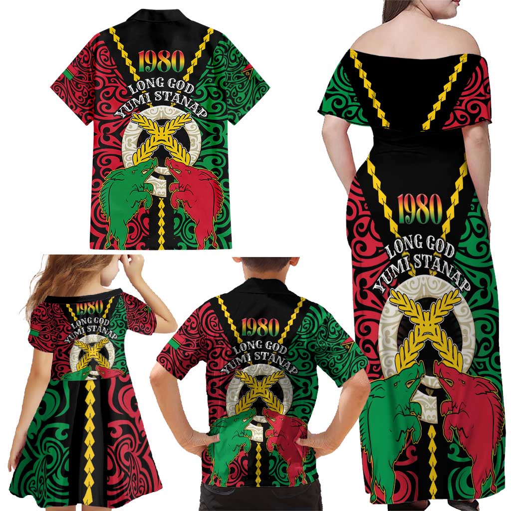 Vanuatu 45th Independence Day Family Matching Off Shoulder Maxi Dress and Hawaiian Shirt Long God Yumi Stanap Wild Boar LT05 - Polynesian Pride