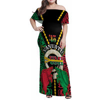 Vanuatu 45th Independence Day Family Matching Off Shoulder Maxi Dress and Hawaiian Shirt Long God Yumi Stanap Wild Boar LT05 Mom's Dress Black - Polynesian Pride