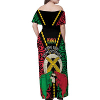 Vanuatu 45th Independence Day Family Matching Off Shoulder Maxi Dress and Hawaiian Shirt Long God Yumi Stanap Wild Boar LT05 - Polynesian Pride