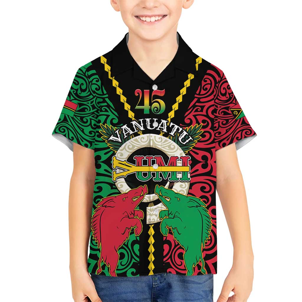 Vanuatu 45th Independence Day Family Matching Off Shoulder Maxi Dress and Hawaiian Shirt Long God Yumi Stanap Wild Boar LT05 Son's Shirt Black - Polynesian Pride