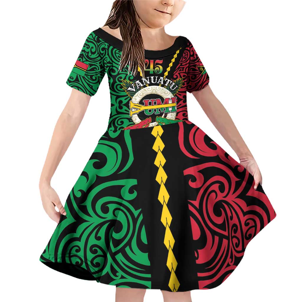 Vanuatu 45th Independence Day Family Matching Off Shoulder Short Dress and Hawaiian Shirt Long God Yumi Stanap Wild Boar LT05 Daughter's Dress Black - Polynesian Pride
