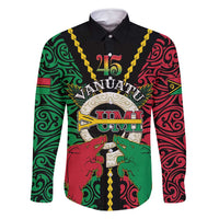 Vanuatu 45th Independence Day Family Matching Off Shoulder Short Dress and Hawaiian Shirt Long God Yumi Stanap Wild Boar LT05 Dad's Shirt - Long Sleeve Black - Polynesian Pride