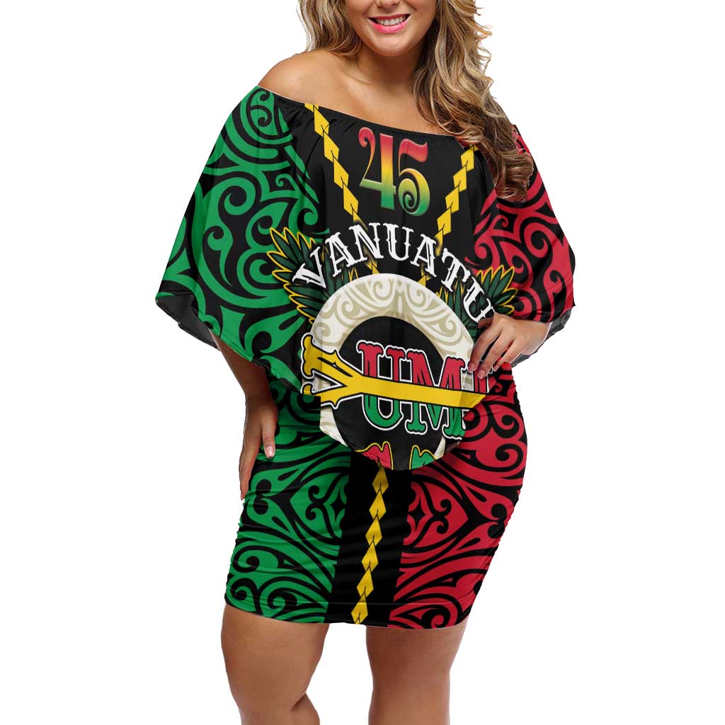 Vanuatu 45th Independence Day Family Matching Off Shoulder Short Dress and Hawaiian Shirt Long God Yumi Stanap Wild Boar LT05 Mom's Dress Black - Polynesian Pride