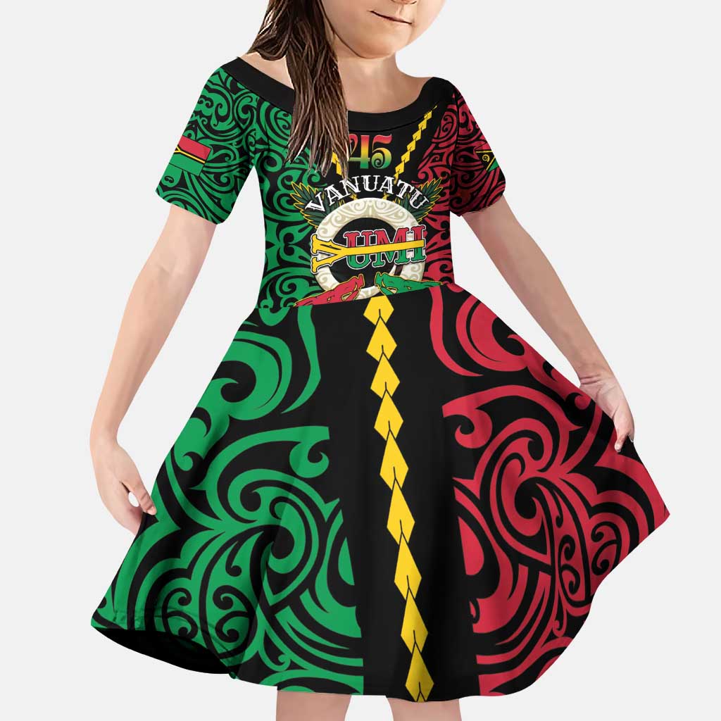 Vanuatu 45th Independence Day Family Matching Puletasi and Hawaiian Shirt Long God Yumi Stanap Wild Boar LT05 Daughter's Dress Black - Polynesian Pride