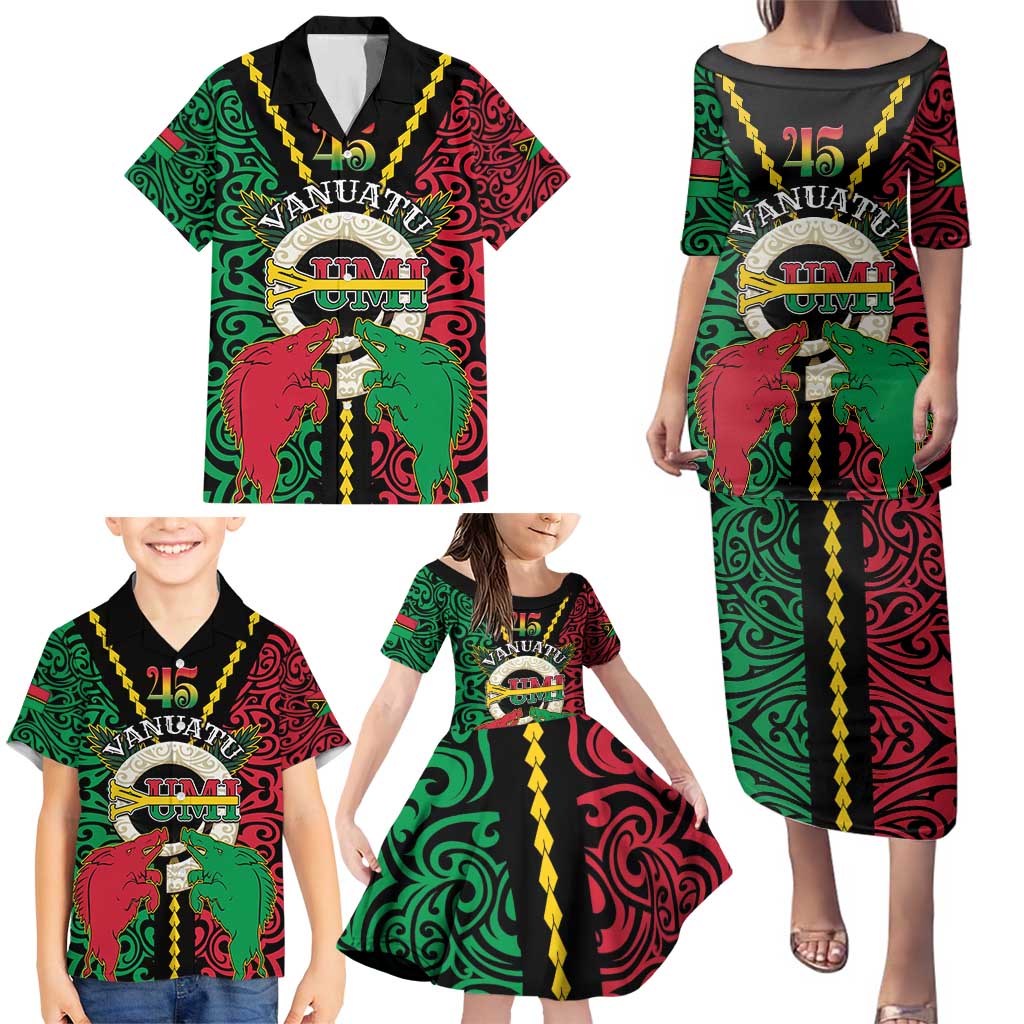 Vanuatu 45th Independence Day Family Matching Puletasi and Hawaiian Shirt Long God Yumi Stanap Wild Boar LT05 - Polynesian Pride