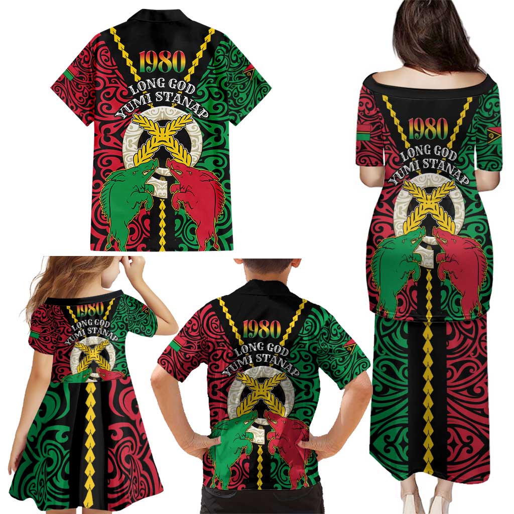 Vanuatu 45th Independence Day Family Matching Puletasi and Hawaiian Shirt Long God Yumi Stanap Wild Boar LT05 - Polynesian Pride