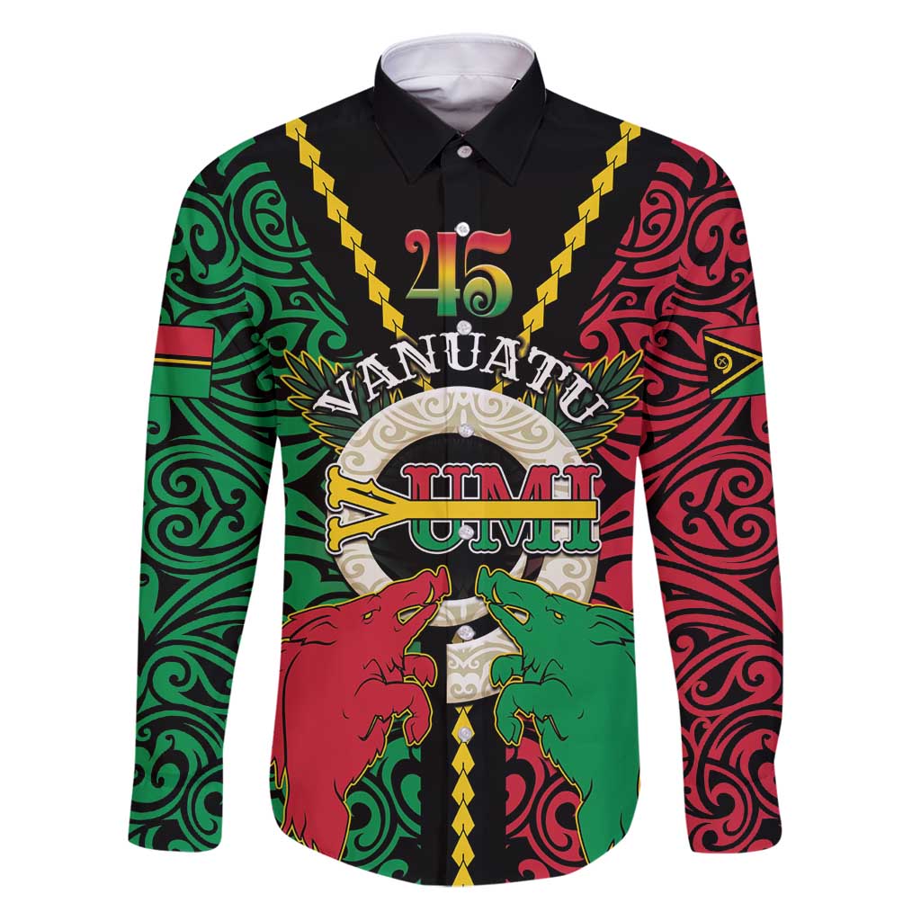 Vanuatu 45th Independence Day Family Matching Puletasi and Hawaiian Shirt Long God Yumi Stanap Wild Boar LT05 Dad's Shirt - Long Sleeve Black - Polynesian Pride