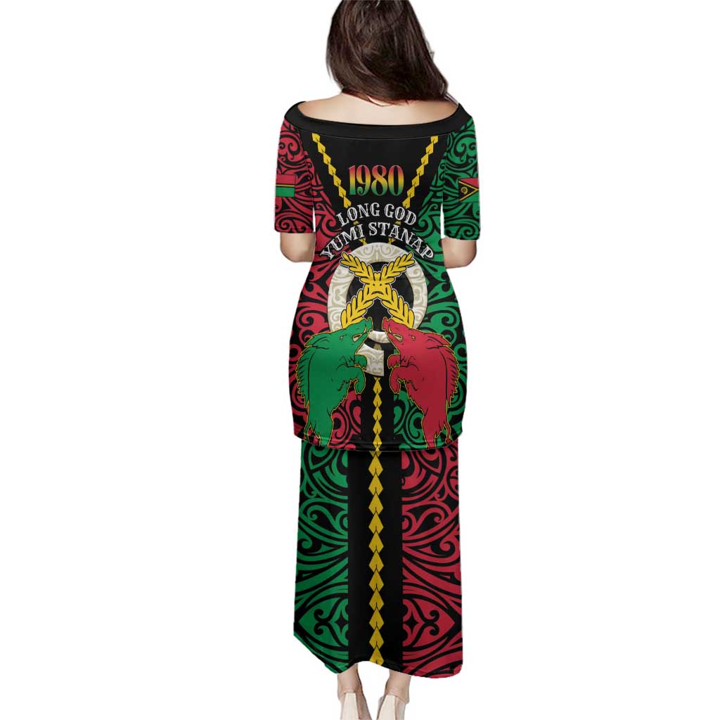 Vanuatu 45th Independence Day Family Matching Puletasi and Hawaiian Shirt Long God Yumi Stanap Wild Boar LT05 - Polynesian Pride