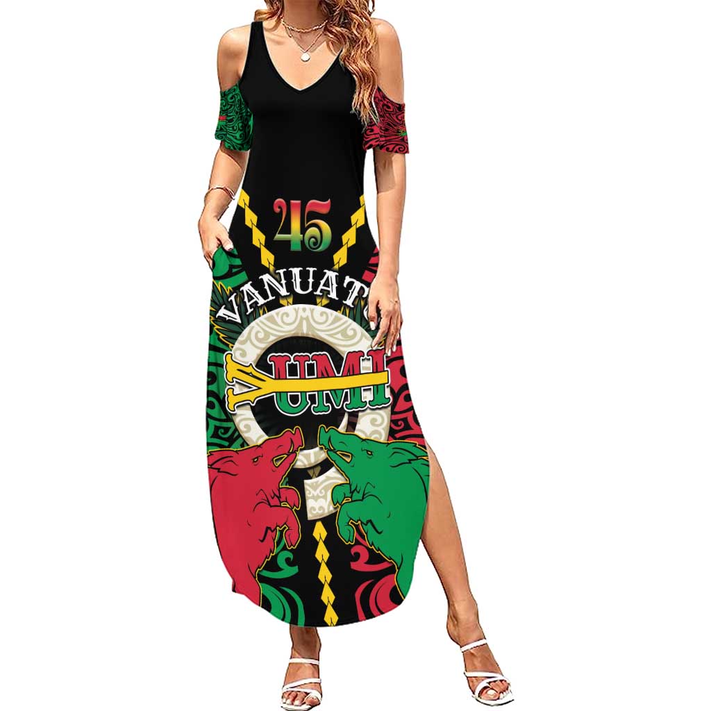 Vanuatu 45th Independence Day Family Matching Summer Maxi Dress and Hawaiian Shirt Long God Yumi Stanap Wild Boar LT05 Mom's Dress Black - Polynesian Pride