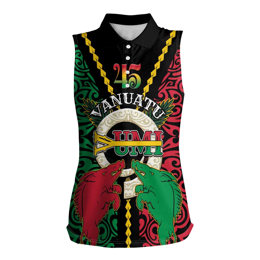 Vanuatu 45th Independence Day Women Sleeveless Polo Shirt Long God Yumi Stanap Wild Boar LT05 Female Black - Polynesian Pride