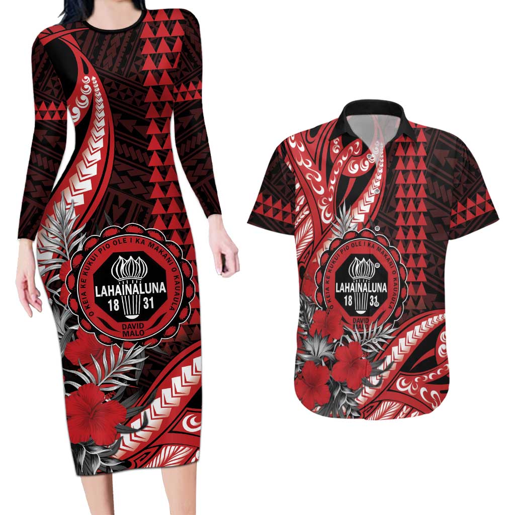 Personalized Hawaii Lahainaluna High School Couples Matching Long Sleeve Bodycon Dress and Hawaiian Shirt Tribal Tattoo With Hibiscus Flowers LT05 Red - Polynesian Pride