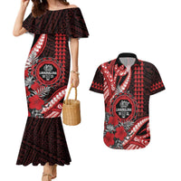 Personalized Hawaii Lahainaluna High School Couples Matching Mermaid Dress and Hawaiian Shirt Tribal Tattoo With Hibiscus Flowers LT05 Red - Polynesian Pride