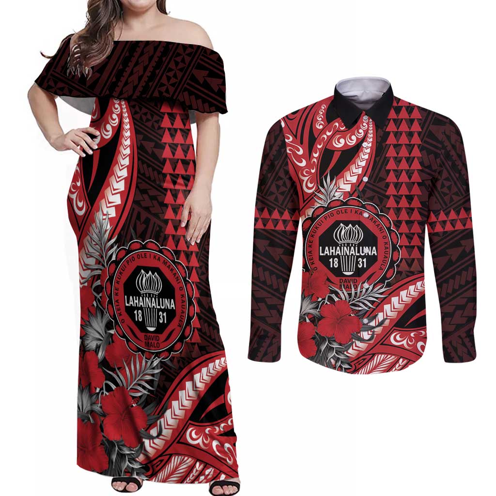 Personalized Hawaii Lahainaluna High School Couples Matching Off Shoulder Maxi Dress and Long Sleeve Button Shirt Tribal Tattoo With Hibiscus Flowers LT05 Red - Polynesian Pride