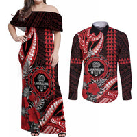 Personalized Hawaii Lahainaluna High School Couples Matching Off Shoulder Maxi Dress and Long Sleeve Button Shirt Tribal Tattoo With Hibiscus Flowers LT05 Red - Polynesian Pride
