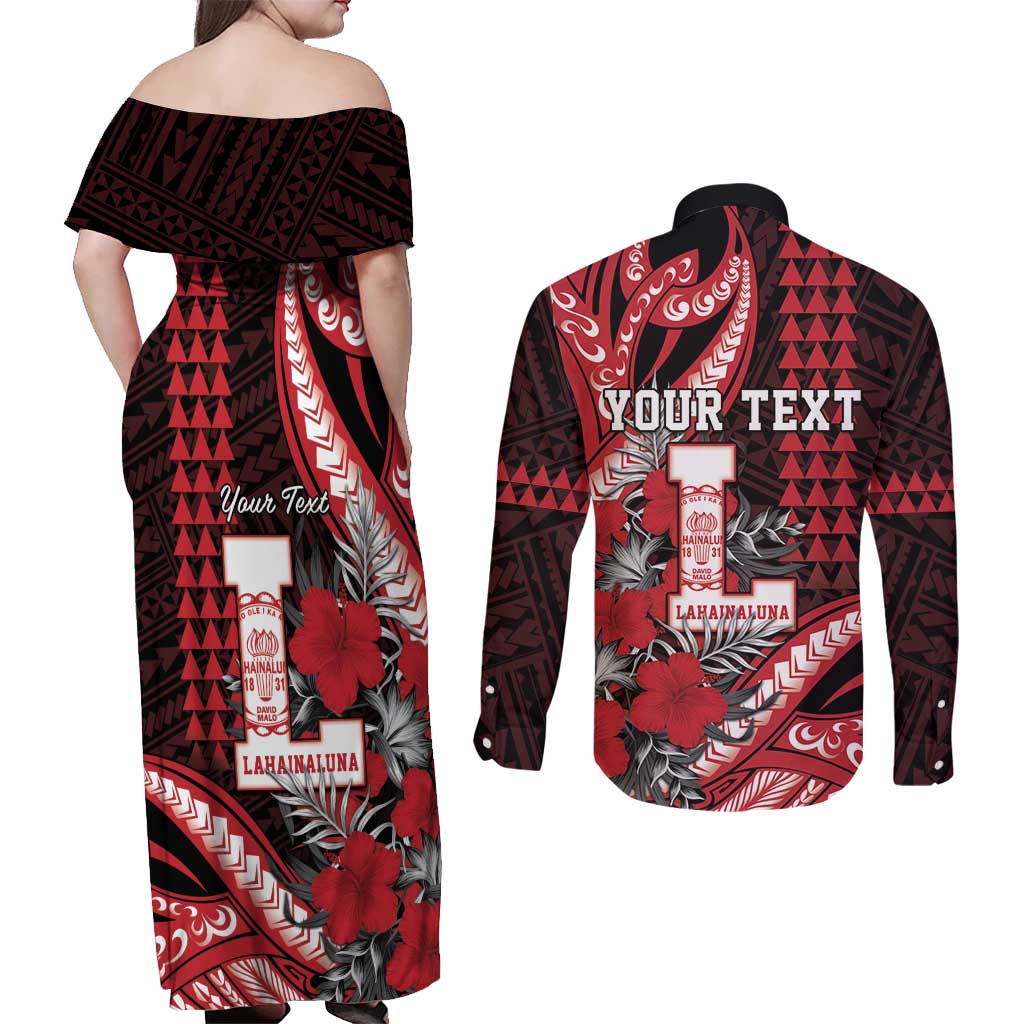 Personalized Hawaii Lahainaluna High School Couples Matching Off Shoulder Maxi Dress and Long Sleeve Button Shirt Tribal Tattoo With Hibiscus Flowers LT05 - Polynesian Pride