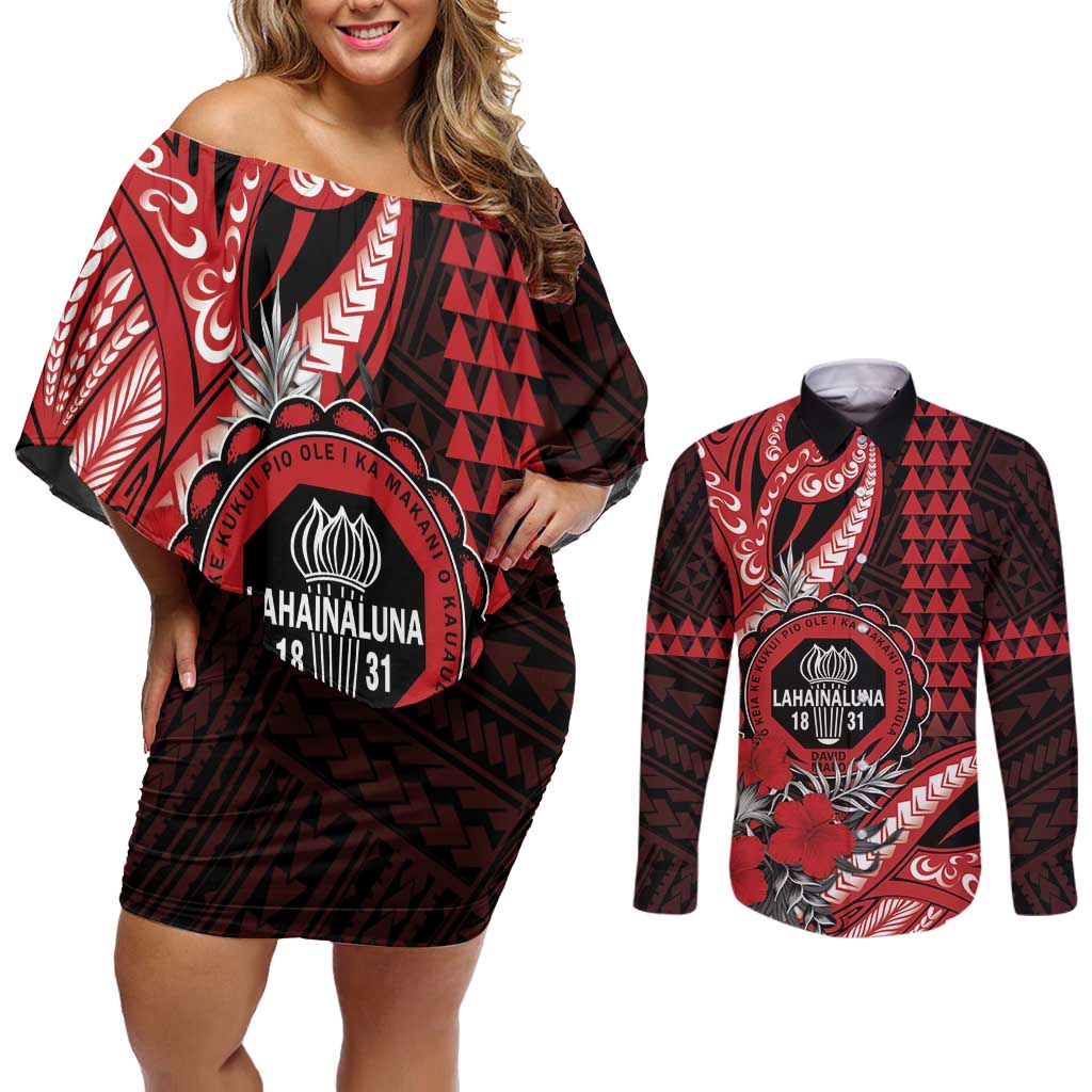 Personalized Hawaii Lahainaluna High School Couples Matching Off Shoulder Short Dress and Long Sleeve Button Shirt Tribal Tattoo With Hibiscus Flowers LT05 Red - Polynesian Pride