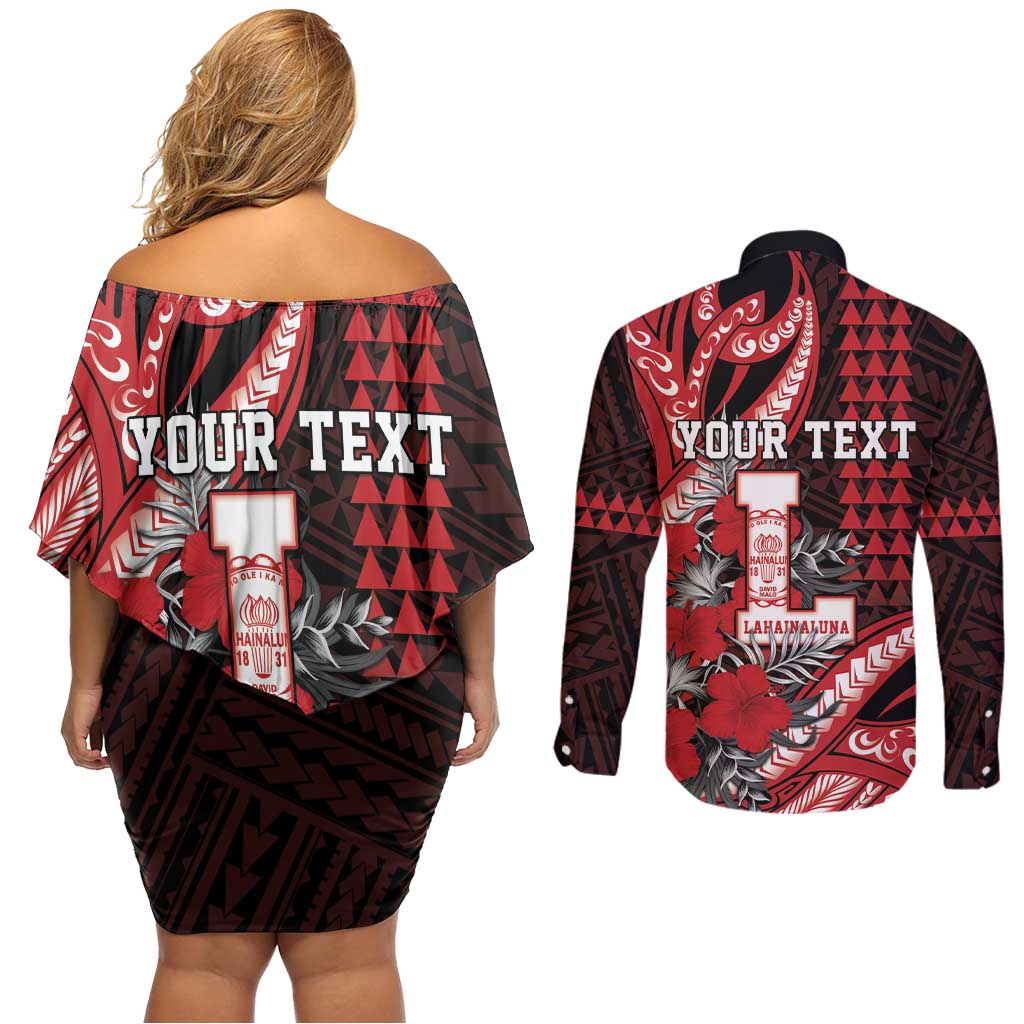Personalized Hawaii Lahainaluna High School Couples Matching Off Shoulder Short Dress and Long Sleeve Button Shirt Tribal Tattoo With Hibiscus Flowers LT05 - Polynesian Pride