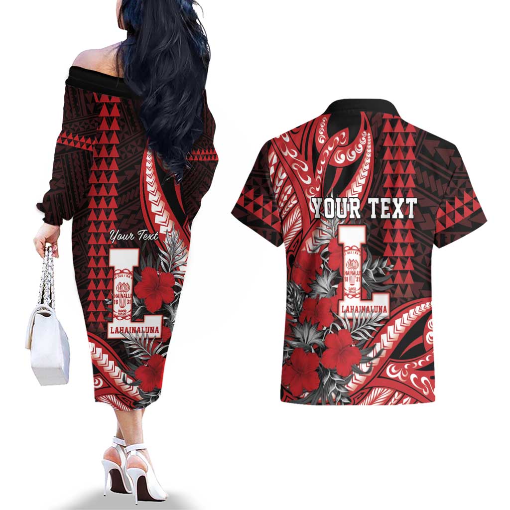 Personalized Hawaii Lahainaluna High School Couples Matching Off The Shoulder Long Sleeve Dress and Hawaiian Shirt Tribal Tattoo With Hibiscus Flowers LT05 - Polynesian Pride