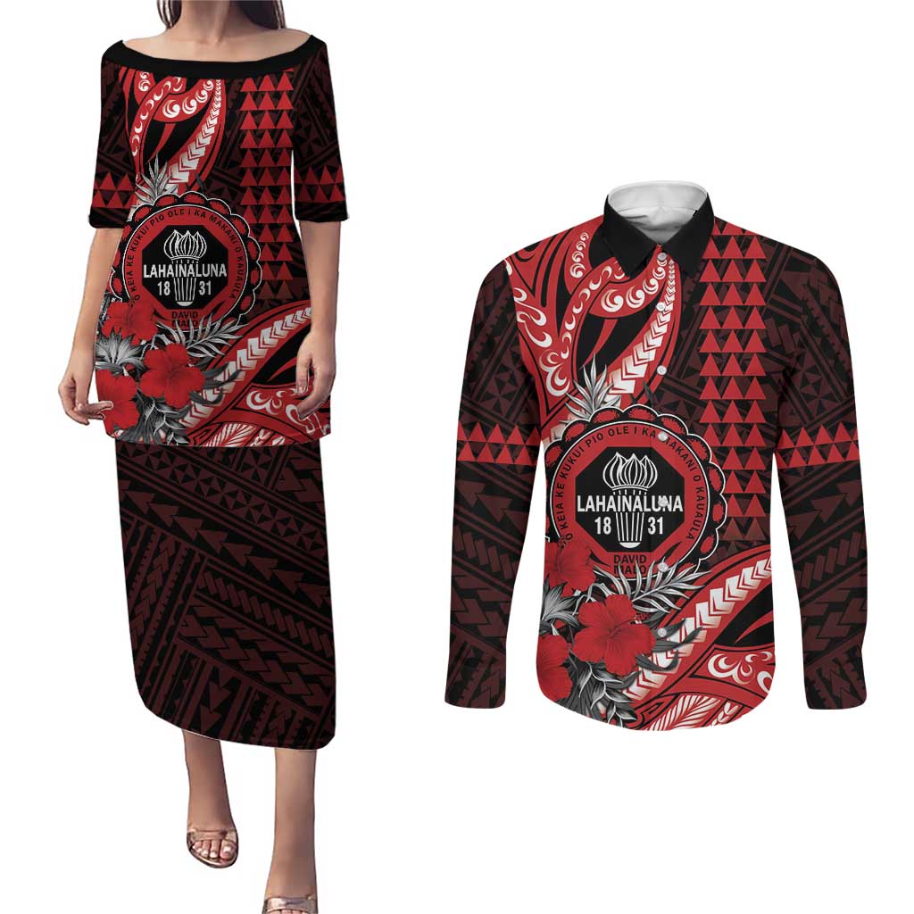 Personalized Hawaii Lahainaluna High School Couples Matching Puletasi and Long Sleeve Button Shirt Tribal Tattoo With Hibiscus Flowers LT05 Red - Polynesian Pride