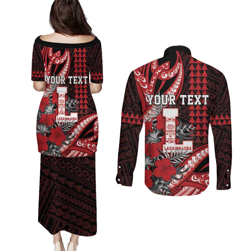 Personalized Hawaii Lahainaluna High School Couples Matching Puletasi and Long Sleeve Button Shirt Tribal Tattoo With Hibiscus Flowers LT05 - Polynesian Pride