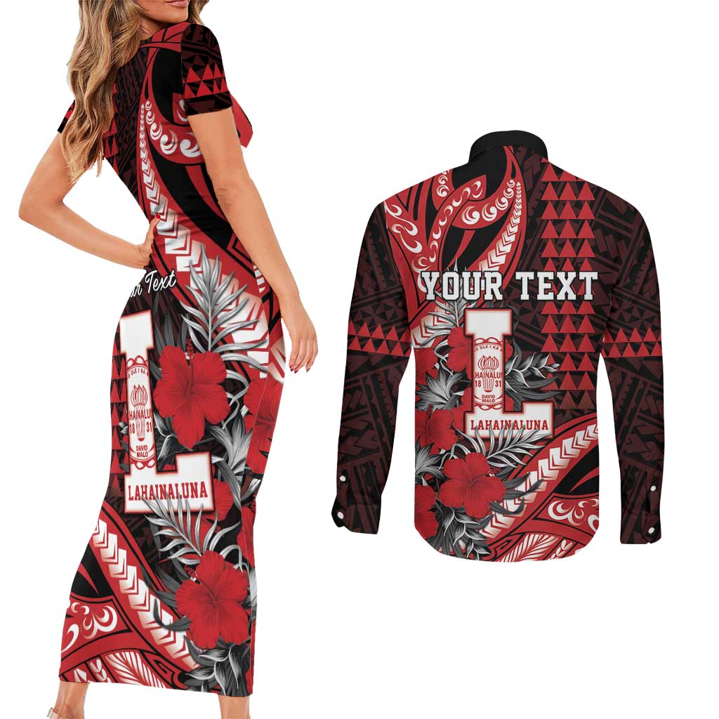 Personalized Hawaii Lahainaluna High School Couples Matching Short Sleeve Bodycon Dress and Long Sleeve Button Shirt Tribal Tattoo With Hibiscus Flowers LT05 - Polynesian Pride