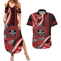 Personalized Hawaii Lahainaluna High School Couples Matching Summer Maxi Dress and Hawaiian Shirt Tribal Tattoo With Hibiscus Flowers LT05 Red - Polynesian Pride