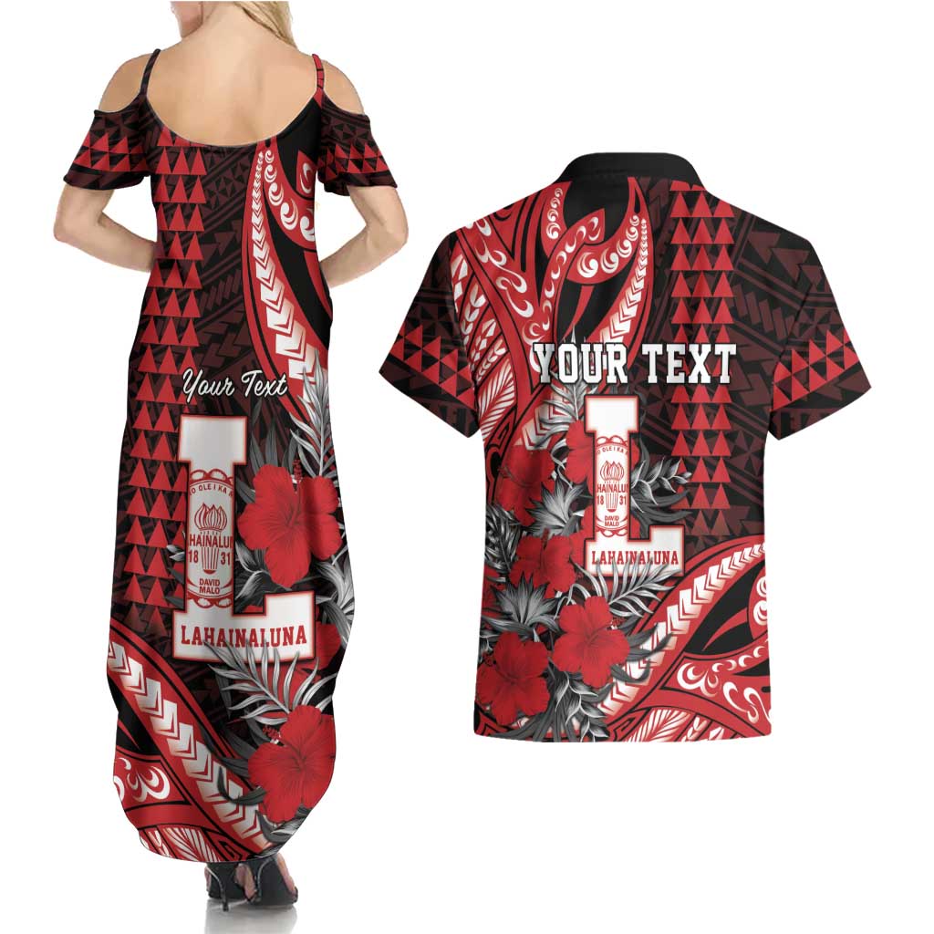 Personalized Hawaii Lahainaluna High School Couples Matching Summer Maxi Dress and Hawaiian Shirt Tribal Tattoo With Hibiscus Flowers LT05 - Polynesian Pride
